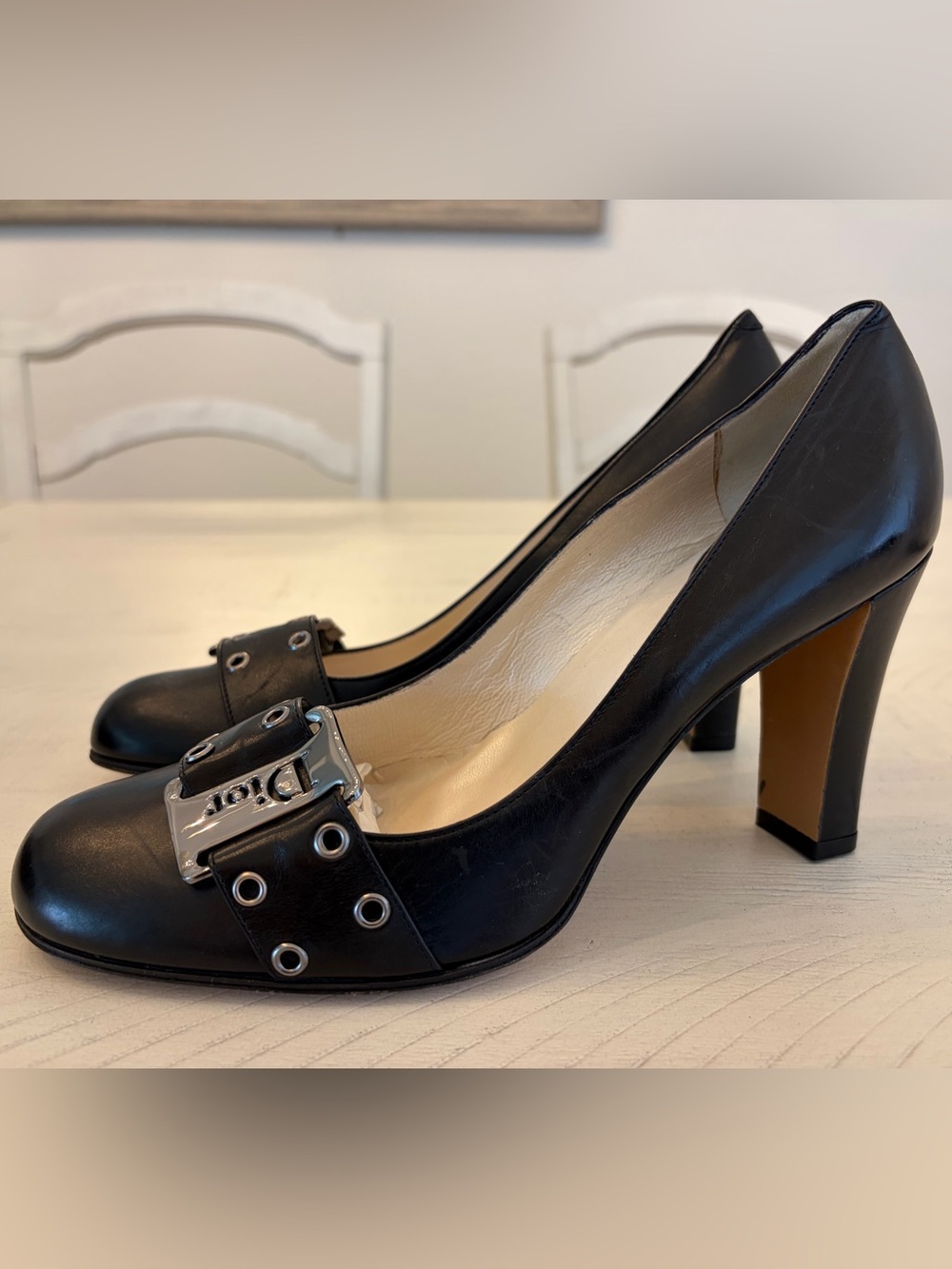 Dior Black Leather Block Heel Pump with Silver Buckle